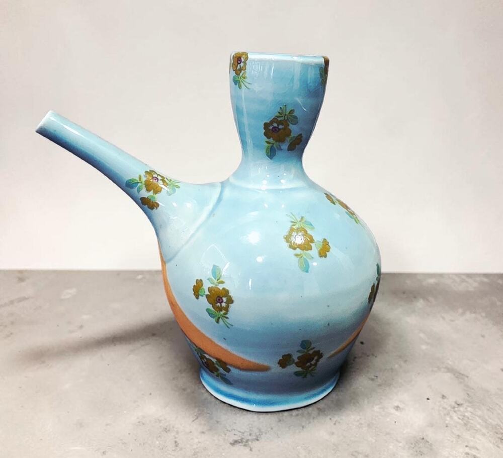 Vintage Ceramic Cruet Dispenser Long Spout Light Blue Floral Oil Vinegar Syrup